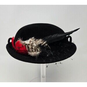 VINTAGE CHRISTINE ORIGINAL NEW YORK BLACK EMBELLISHED BOWLER HAT FEATHERS WOMEN